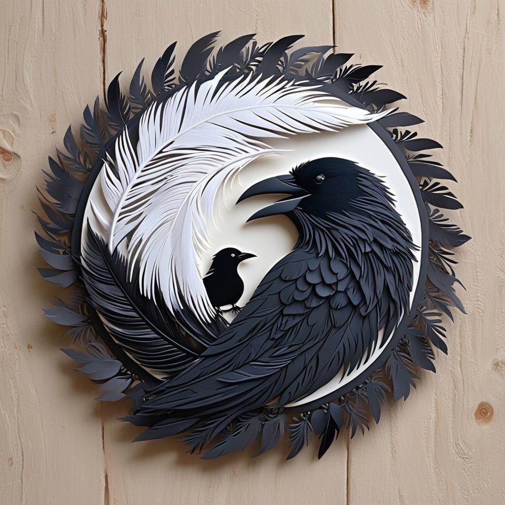  yin and yang with crow feathers, award winning, professional, highly detailed, masterpiece