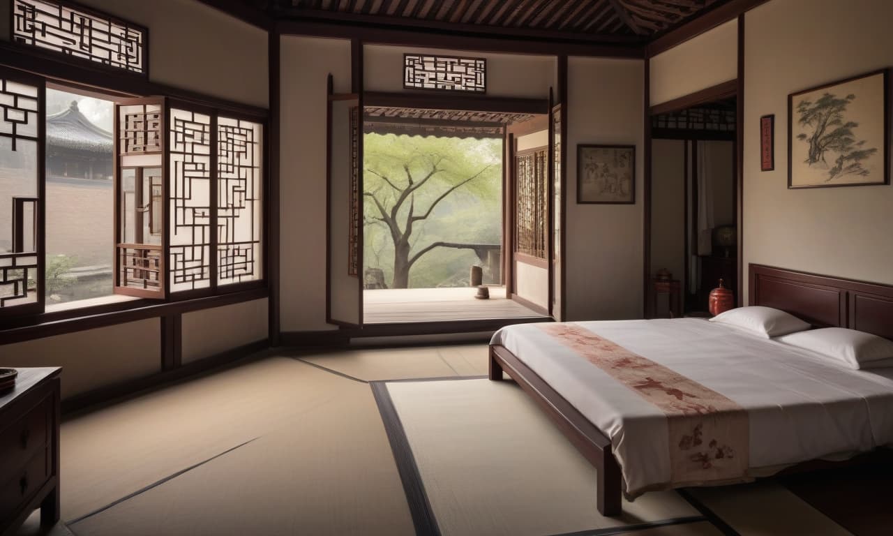  ancient china, room with an open window, bedroom