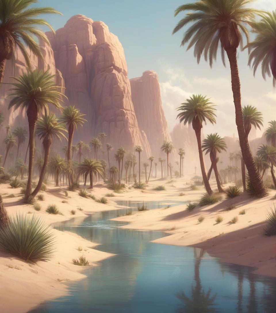  concept art desert oasis in the middle of the desert, beautiful water, desert palm trees, fantasy, realistic . digital artwork, illustrative, painterly, matte painting, highly detailed