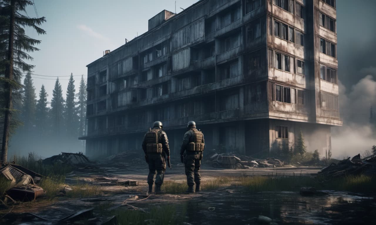  dystopian style escape from tarkov near a building in four floors and a lake forest . bleak, post apocalyptic, somber, dramatic, highly detailed hyperrealistic, full body, detailed clothing, highly detailed, cinematic lighting, stunningly beautiful, intricate, sharp focus, f/1. 8, 85mm, (centered image composition), (professionally color graded), ((bright soft diffused light)), volumetric fog, trending on instagram, trending on tumblr, HDR 4K, 8K