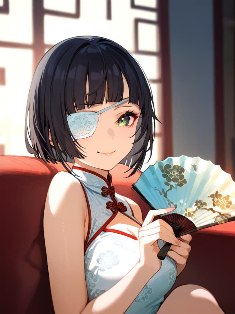  ultra detailed:1.2,masterpiece:1.2,best quality,masterpiece,bestquality,hdr:1.1,8k:1.1,very cute girl:1.3,(black hair,bob cut,long hair,blunt bangs:1.4),((white china dress,japonica pattern:1.5)),(chinaese makeup:1.6),((redrose object eyepatch:1.6))(seductive smile:1.3),(sitting couch:1.3)((cross legs:1.3)),(head rest:1.3),(holding open handfan:1.7)(upper body,face focus:1.4),(dutch angle:1.5),close mouth