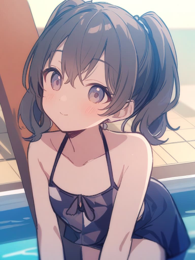  women's elementary students, twin tails, rich smiles, cute smiles, navy blue swimwear, old swimwear, swimwear, simple, male, shaped clear , shaped clear, clear stem, shaped crisp, male bulge,, front. the whole body, pool side,