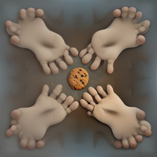  cookies with hands and feet character, (surrealism), dreamlike , distorted , abstract , symbolic