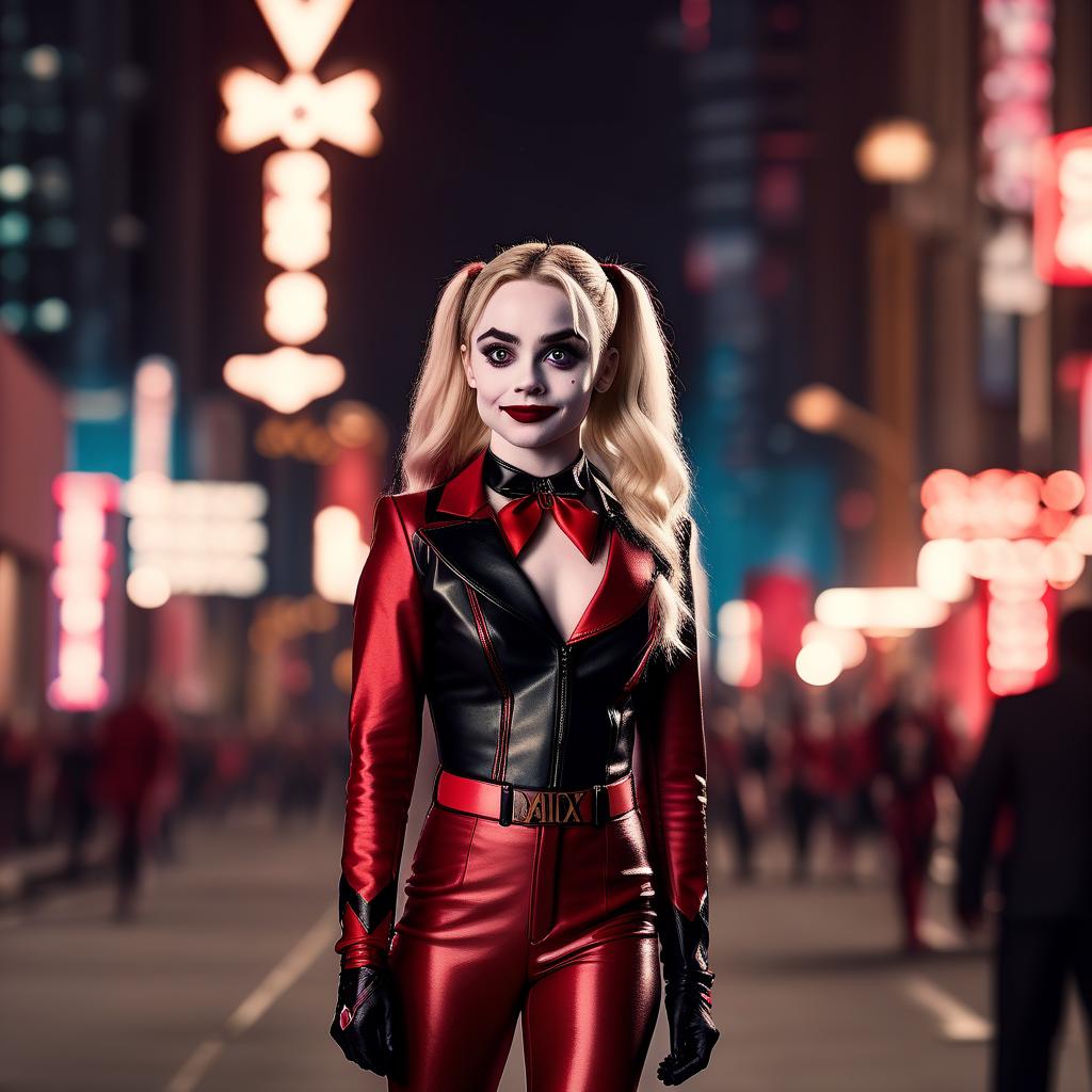  cinematic photo sabrina carpenter as harley quinn in a black and red suit . 35mm photograph, film, bokeh, professional, 4k, highly detailed