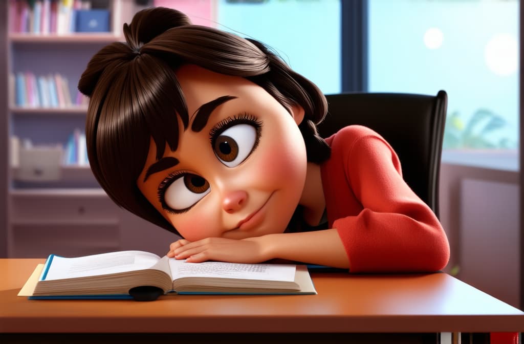  big head, big eyes, caricature, a caricature, rendering, (figurativism:0.8), a school age girl sits at a desk doing her homework, gets tired and falls asleep, putting her head on the table. , epic realistic, pixar style, disney, (cycles render:1.3), caustics, (glossy:0.58), (artstation:0.2), cute