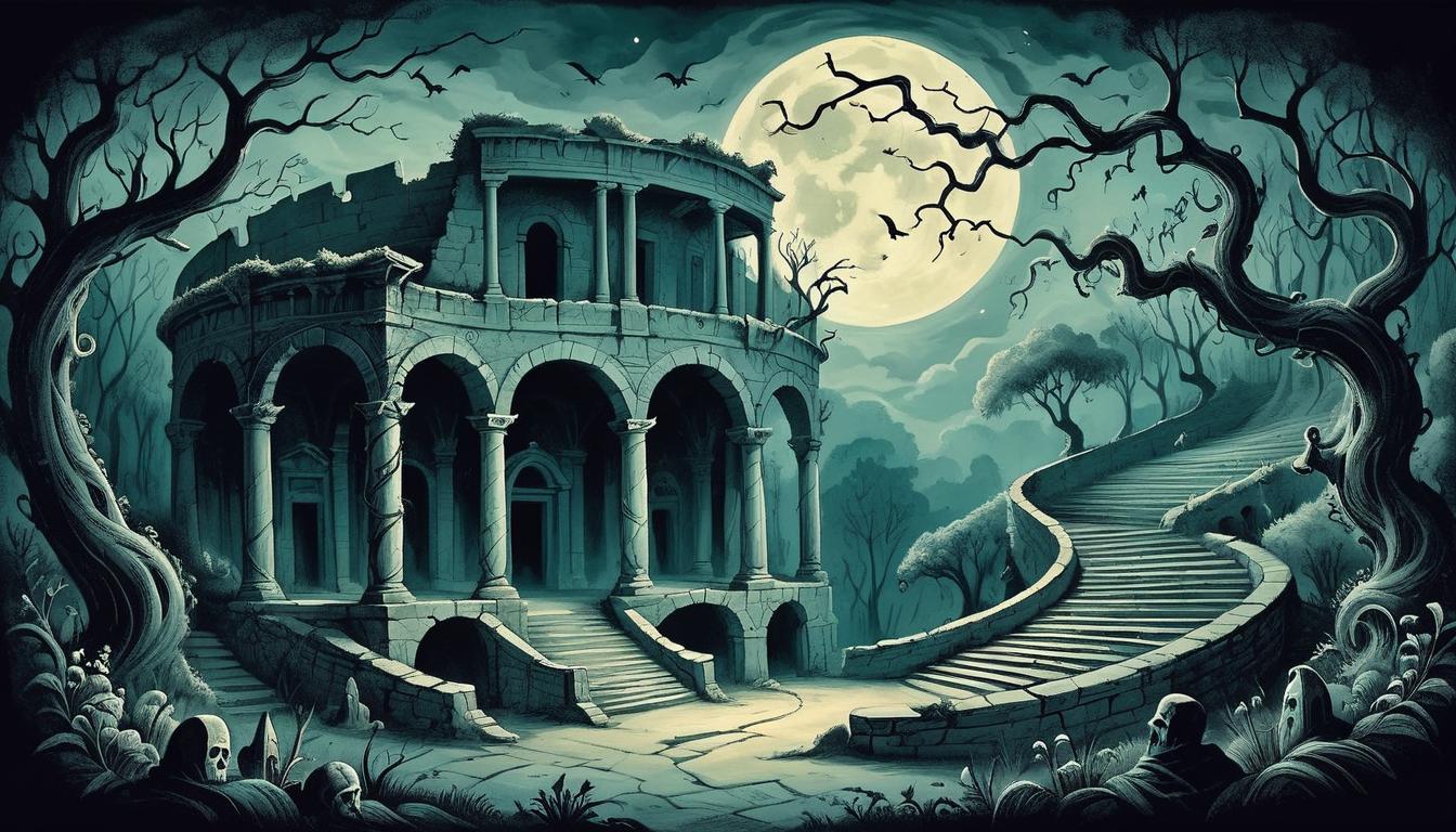  on parchment, surrealism+++, ancient amphitheater under moonlight, overgrown with twisted vines, eerie silence, ghostly figures lingering, shadows of the past(mysterious, provocative, symbolic,muted color)+++