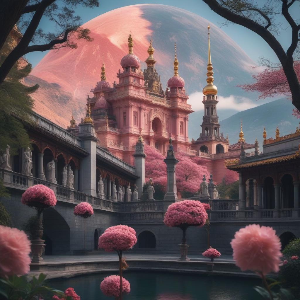  Royal palace made of pink marble with red tiled roofs and golden weathervanes, Baroque style hyperrealistic, full body, detailed clothing, highly detailed, cinematic lighting, stunningly beautiful, intricate, sharp focus, f/1. 8, 85mm, (centered image composition), (professionally color graded), ((bright soft diffused light)), volumetric fog, trending on instagram, trending on tumblr, HDR 4K, 8K