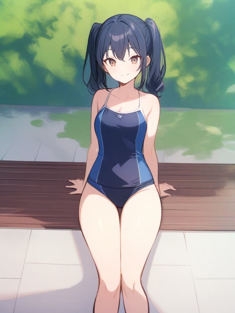  women's elementary students (male), twin tails, cute smiles, (rich s), short stature, dark blue swimwear, old swimwear, swimwear, simple, male (upward), (swelling), clear shape. , front, whole body, pool side,