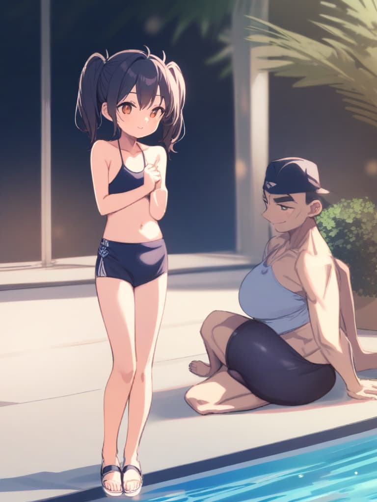  women's elementary students (male), twin tails, cute smiles, (rich s), low stature, dark blue swimwear, old swimwear, , simple (upward), male , (bulge), shaped clear , front , whole body, pool side,