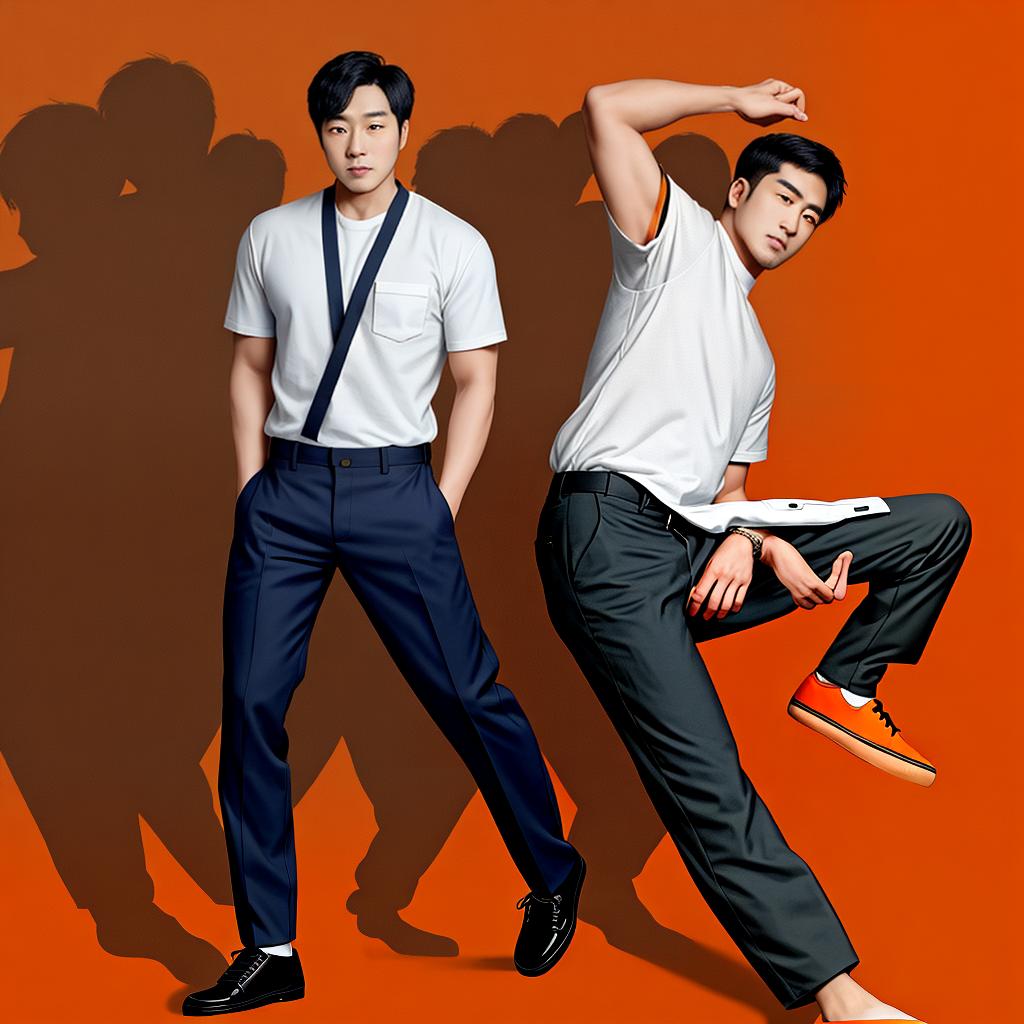  masterpiece, best quality, Asian man wearing white shirt and navy pants. Standing pose with one hand in his pocket. Wearing black shoes. Orange background in photo studio