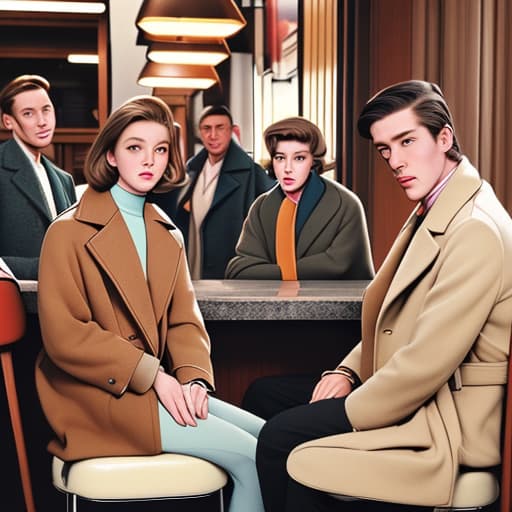  4 people seated at barstools they are all facing front and looking upwards the first man is wearing a light brown wool coat and there is a man seated behind him there is a woman standing right behind him but leaning a little towards her left it’s the 1960s and the colors are light pastel