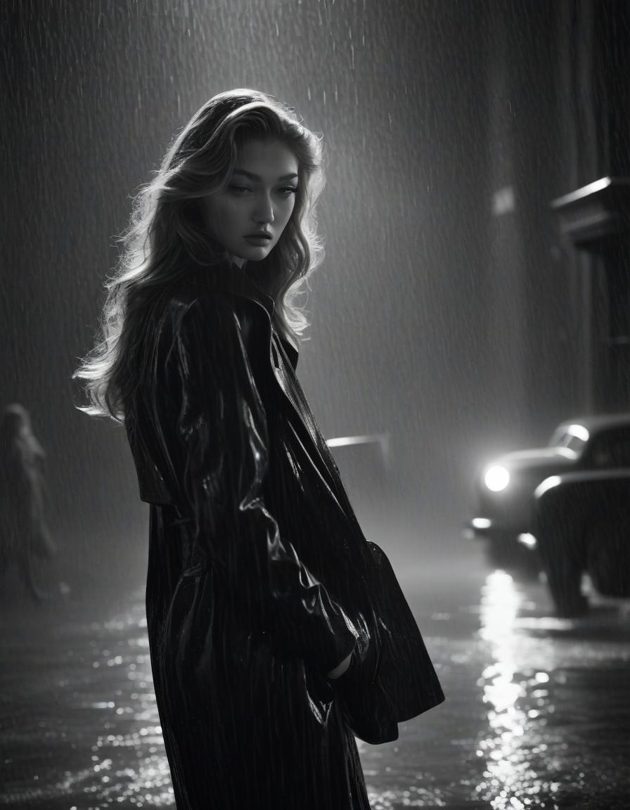  film noir style gigi hadid stands alone in the rain and hugs herself . monochrome, high contrast, dramatic shadows, 1940s style, mysterious, cinematic