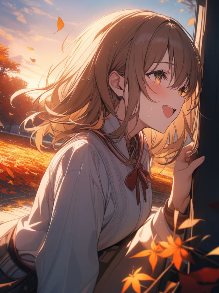  autumn, kaede tree, autumn leaves are scattered, girls, orange hair, yellow eyes, laughing, tears, dusk, masterpiece, best quality,8k,ultra detailed,high resolution,an extremely delicate and beautiful,hyper detail