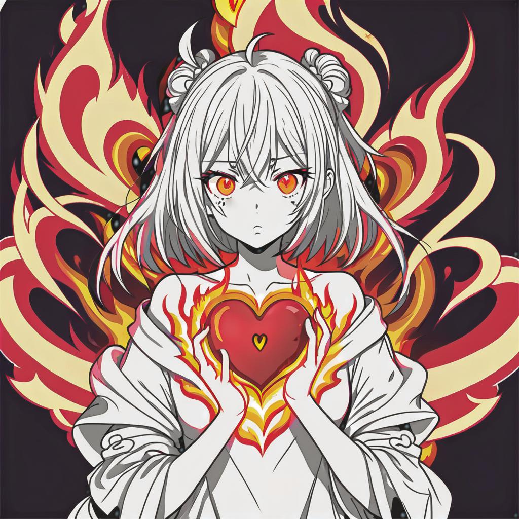  line art drawing girl with burning heart, same nightmare. anime style . professional, sleek, modern, minimalist, graphic, line art, vector graphics