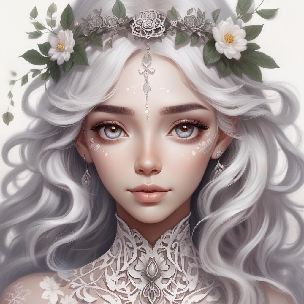  a fantasy illustration of a woman with floral adornments and wavy silver hair, exuding a magical, ethereal aura. a photorealistic portrait of a woman with silver hair and a delicate flower crown adorned with small, intricate gears. her eyes are a deep brown, and her skin is flawless, with a hint of blush on her cheeks. she has a small, delicate tattoo of a flower on her cheek. she is wearing a simple, elegant white dress