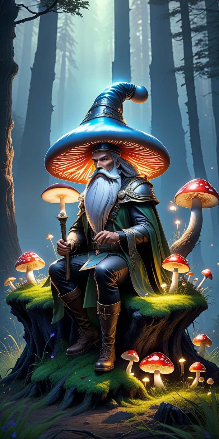  futuristic style fairy tale character, magic, shrouded in grass, mushroom kingdom, mushroom king, long gray beard, a mushroom hat on his head, in the hands of a staff, sitting on a stump, the background of the forest, dusk, darkness, dark forest, mantle, fireflies . sleek, modern, ultramodern, high tech, detailed hyperrealistic, full body, detailed clothing, highly detailed, cinematic lighting, stunningly beautiful, intricate, sharp focus, f/1. 8, 85mm, (centered image composition), (professionally color graded), ((bright soft diffused light)), volumetric fog, trending on instagram, trending on tumblr, HDR 4K, 8K