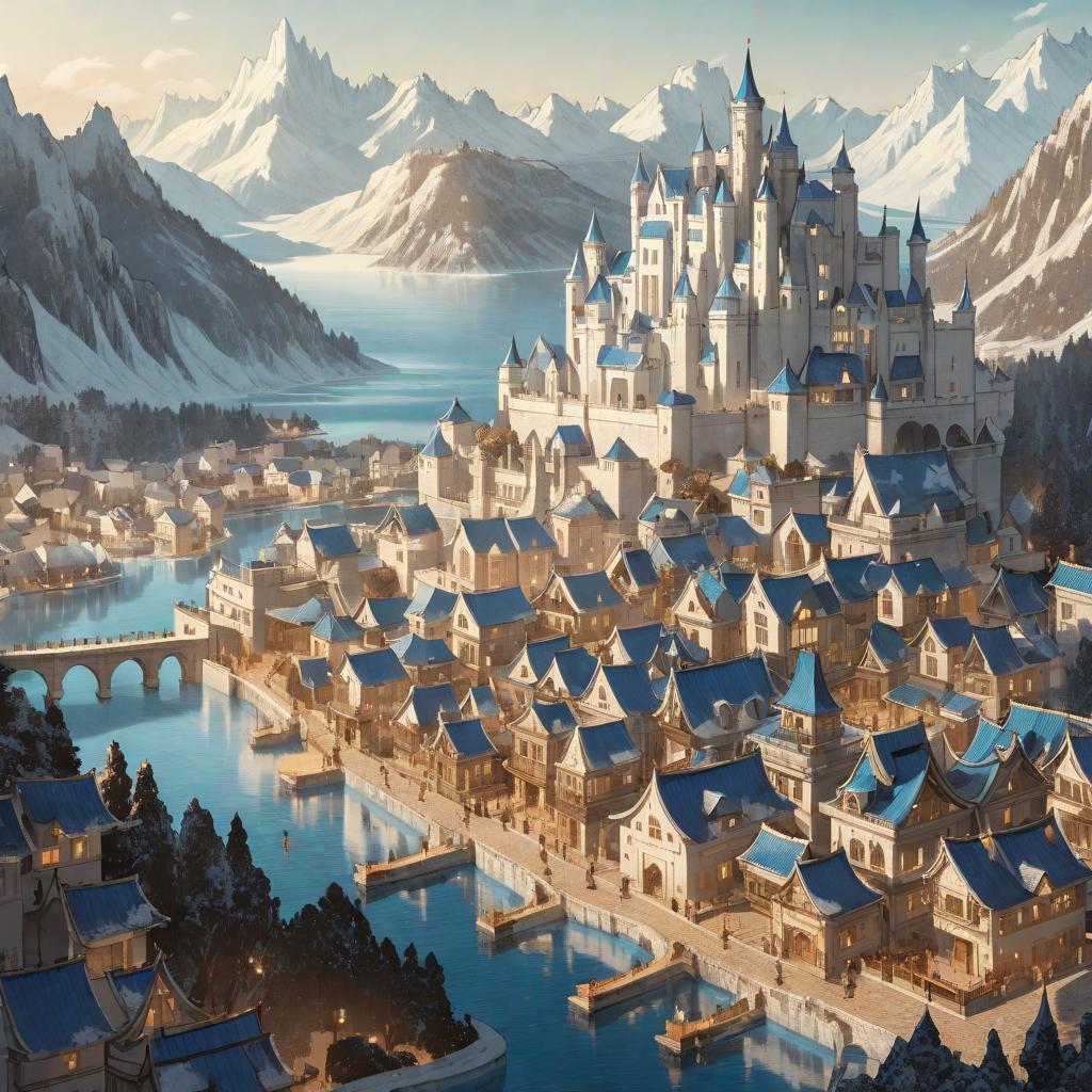  manga artwork city with white houses and blue roofs, it has a big castle in a terrace and a great lake in the background, with icy moutains. japanese rpg style . manga artist. manga, highly emotional. best quality, high resolution