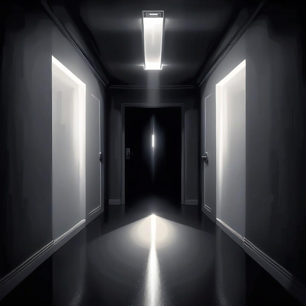  a dark corridor, at the end of which is a door open, and from it a dazzling white light