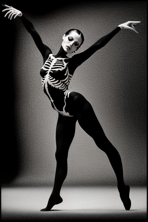  absolutely black background and lower lighting, black narrow tights tightly fits the elegant figure of the dancer. anatomical print of the skeleton is superimposed on the black tights, the print is made with fluorescent paint and imitates a real skeleton. full length image from a lower angle. the graceful plasticity of dance movements fascinates and attracts the attention of the viewer. original position in dance: half turn, dynamic strip dance., dynamic, action packed, thrilling, by neil leifer, walter iooss jr., bob martin, eadweard muybridge, robert capa