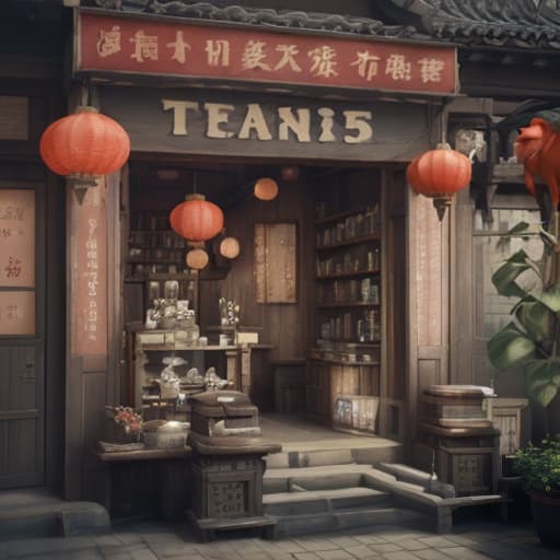  chine town, tea shop, three sunflowers, text “tea875”, epic foto, 4k, (3d render:1.25), realistic, dark, epic, (detailed:1.22), textured