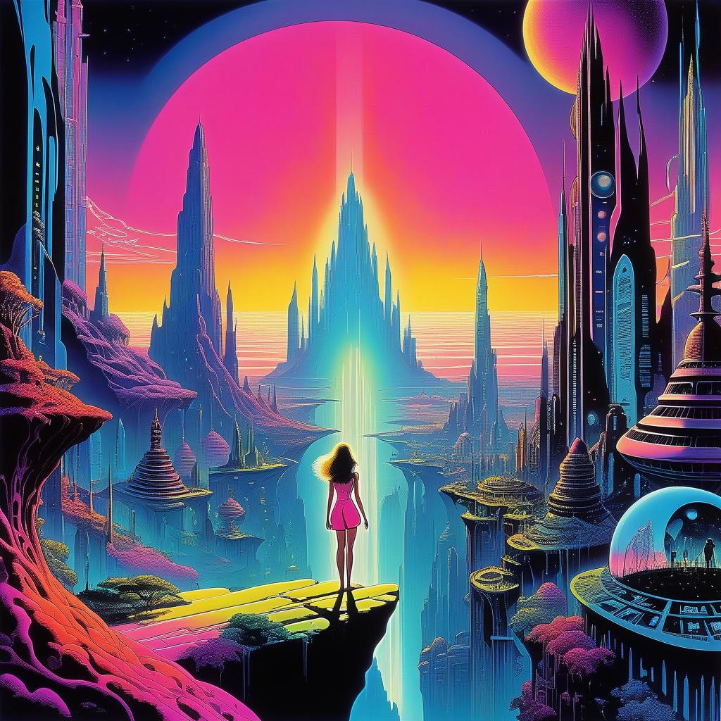  cosmic girl hovers over mythical crystal city, psychedelic waves, synthwave, bright neon colors, highly detailed, cinematic, eyvind earle, tim white, philippe druillet, roger dean, ernst haeckel, lisa frank, aubrey beardsley