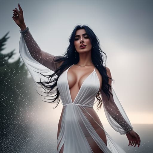  beautiful turkish woman with long black hair dancing happily in torrential rain wearing a sheer white gossamer silk silk dress with a daring plunging neckline and getting completely soaked and clinging to her body hyperrealistic, full body, detailed clothing, highly detailed, cinematic lighting, stunningly beautiful, intricate, sharp focus, f/1. 8, 85mm, (centered image composition), (professionally color graded), ((bright soft diffused light)), volumetric fog, trending on instagram, trending on tumblr, HDR 4K, 8K