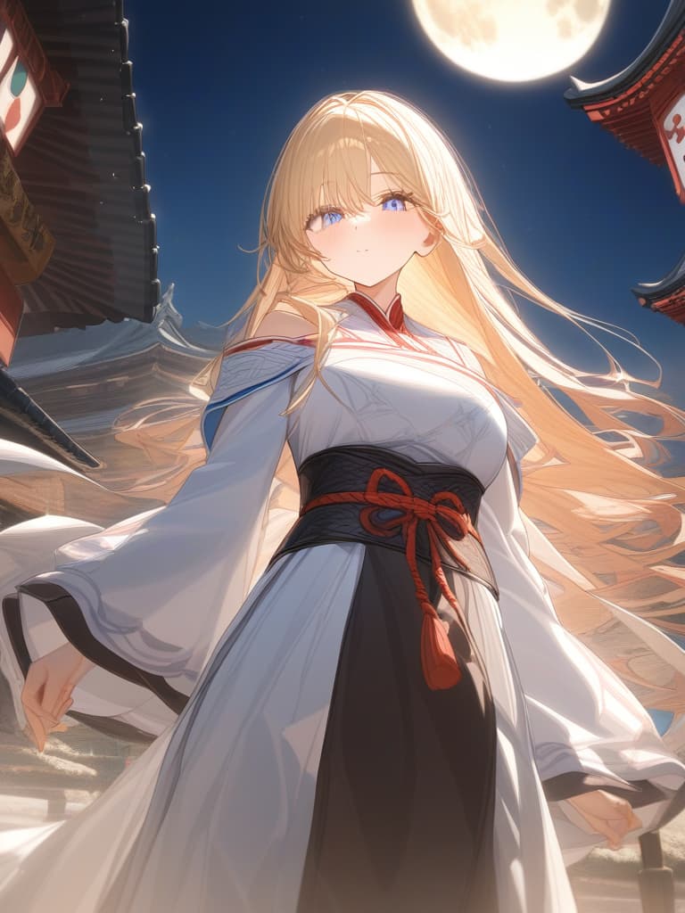  blond, blue eyes, night, big moon, shrine maiden, rabbit, masterpiece, best quality,8k,ultra detailed,high resolution,an extremely delicate and beautiful,hyper detail