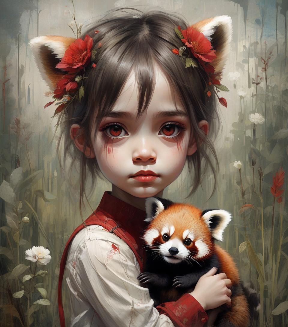  collage, mixed media, very realistic, 2 exposures, a combination of the styles of mark ryden and jean baptiste monge combined with the bold expression of russ mills, by tolira, canvas, impasto, acrylic, portrait (1) cute girl holding her red panda, with very detailed eyes, there are elements cut out of velvet cardboard: flowers, meadow grass, cotton clouds, ash, sunbeam, sea surf, 32k, ultra high detail, artstation, by to🐞lira