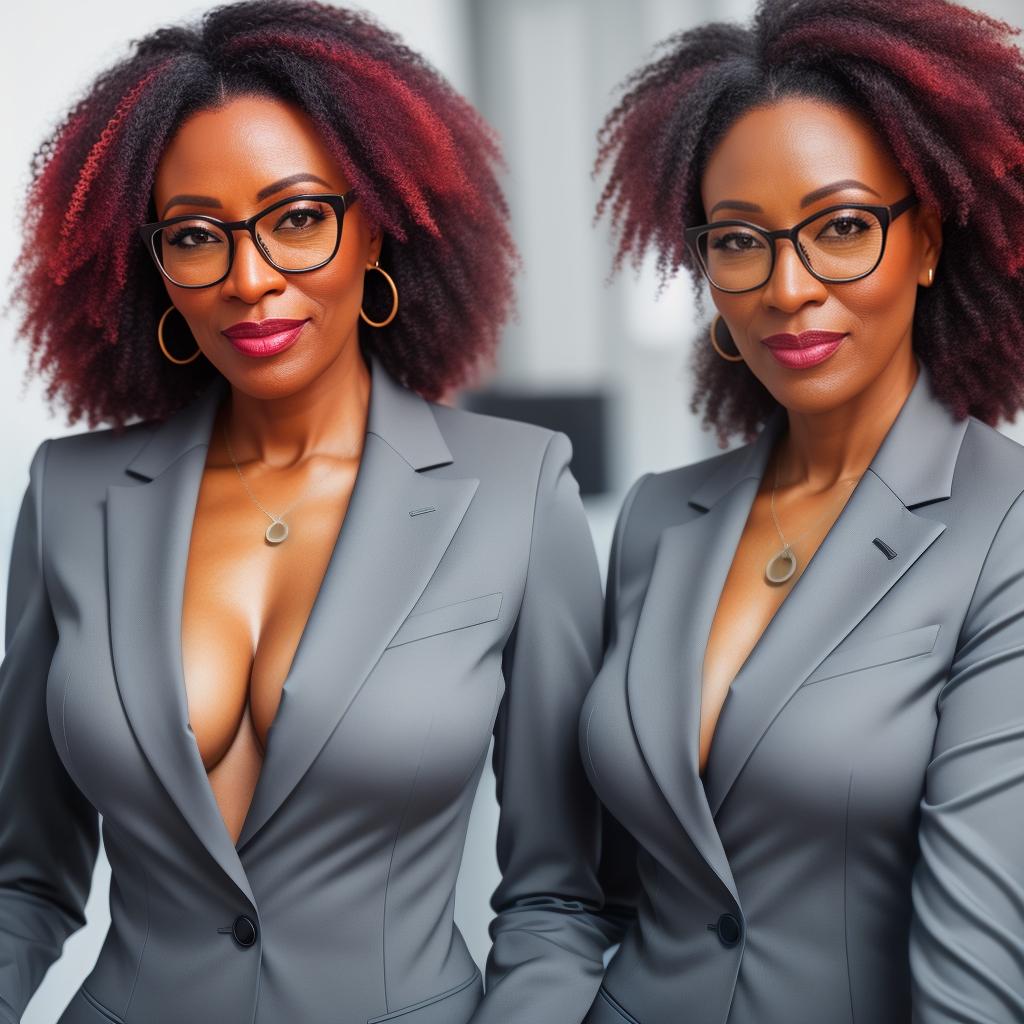  Black woman mid 50’s with salt and pepper hair wearing glasses standing in a ln office with a business suit on, (high detailed skin:1.2), 8k uhd, dslr, soft lighting, high quality, film grain, Fujifilm XT3 hyperrealistic, full body, detailed clothing, highly detailed, cinematic lighting, stunningly beautiful, intricate, sharp focus, f/1. 8, 85mm, (centered image composition), (professionally color graded), ((bright soft diffused light)), volumetric fog, trending on instagram, trending on tumblr, HDR 4K, 8K