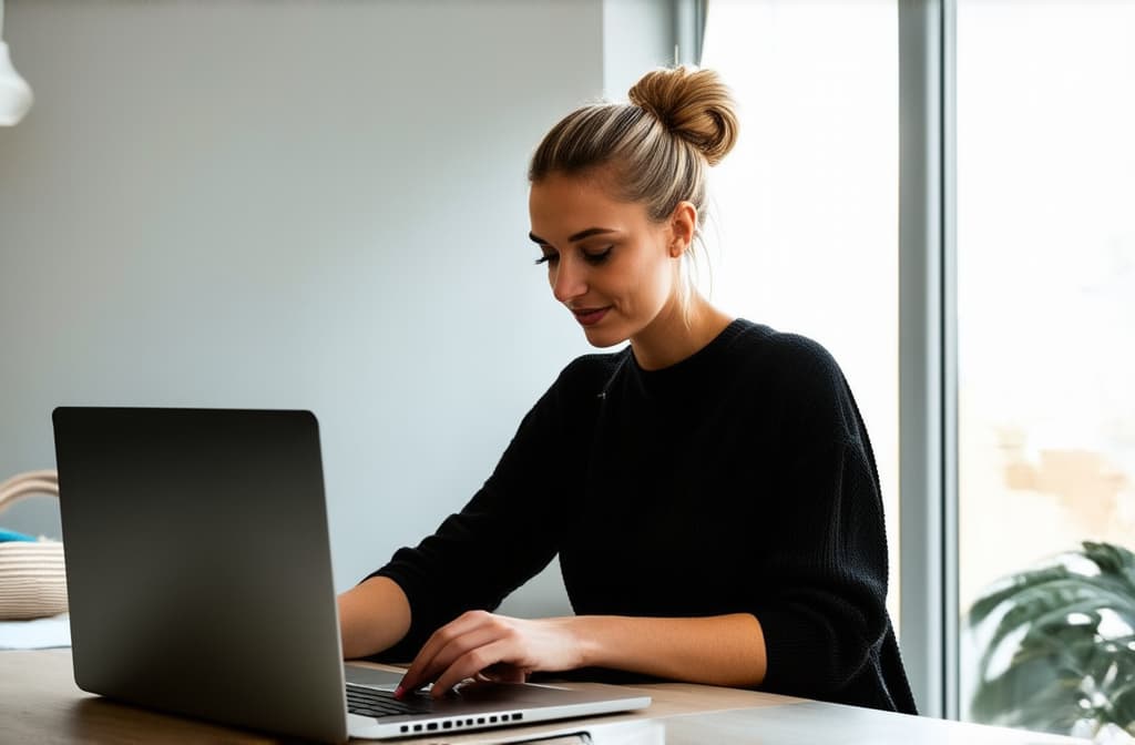  professional detailed photography, girl with her hair up works on a laptop in a bright room, good lighting ar 3:2, (muted colors, dim colors, soothing tones), (vsco:0.3)