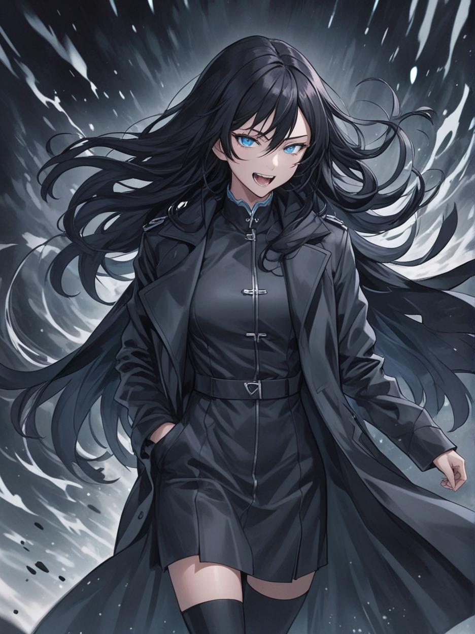  manga artwork manga art style, a woman with large sharp teeth. sharp teeth. light blue eyes. it has long black hair that flows freely, giving it a mysterious and imposing air. he wears a long black coat with wavy edges, which appear to be in constant motion, adding a sense of dynamism to his appearance. the coat is open at the front, revealing a fitted black outfit underneath, which highlights her slender and athletic figure. the background is a solid black, with an aura like circle framing the character's head, enhancing his silhouette and giving him an almost otherworldly look. hyper realistic atmospheres, detail, 8k. manga artist. manga, highly emotional. best quality, high resolution