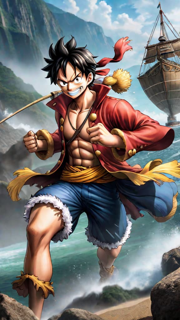  anime art: luffy mastering haki, displaying new forms, ready to challenge blackbeard's powers in battle. hyperrealistic, full body, detailed clothing, highly detailed, cinematic lighting, stunningly beautiful, intricate, sharp focus, f/1. 8, 85mm, (centered image composition), (professionally color graded), ((bright soft diffused light)), volumetric fog, trending on instagram, trending on tumblr, HDR 4K, 8K