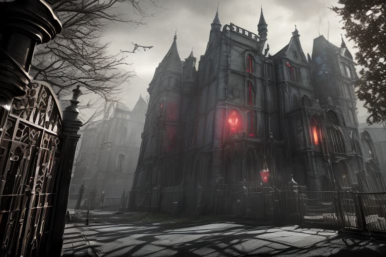 redshift style Arkham Asylum* Create a street view image of Arkham Asylum's entrance, showcasing its imposing gothic architecture, iron gates, and eerie atmosphere.