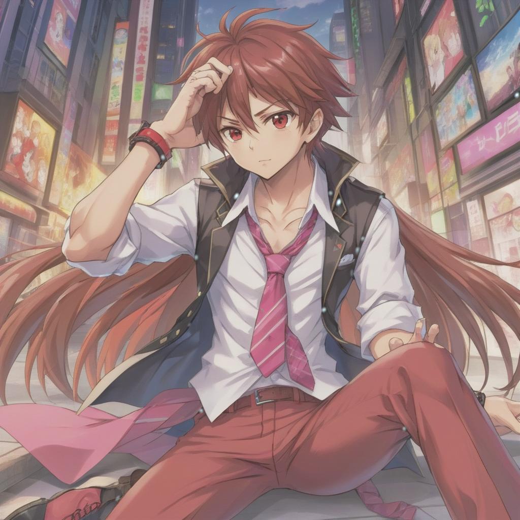  anime artwork a young pumped wide shouldered man with long, slightly disheveled brown hair with a rare bristles and an expression of mild fatigue or brooding on his face. his eyes are brown, with slightly reddened eyelids adding a bit of frown. he is dressed in stylish, slightly eccentric clothes: a white vest with black details over a black shirt with rolled up sleeves, red pants with a belt and accessories. a pink tie is untied on the neck, which gives the image carelessness. hands without fingers and a bandage on one of the wrists. the overall style is a mixture of informal and glamorous image, with an emphasis on details and accessories. . anime style, key visual, vibrant, studio anime, highly detailed