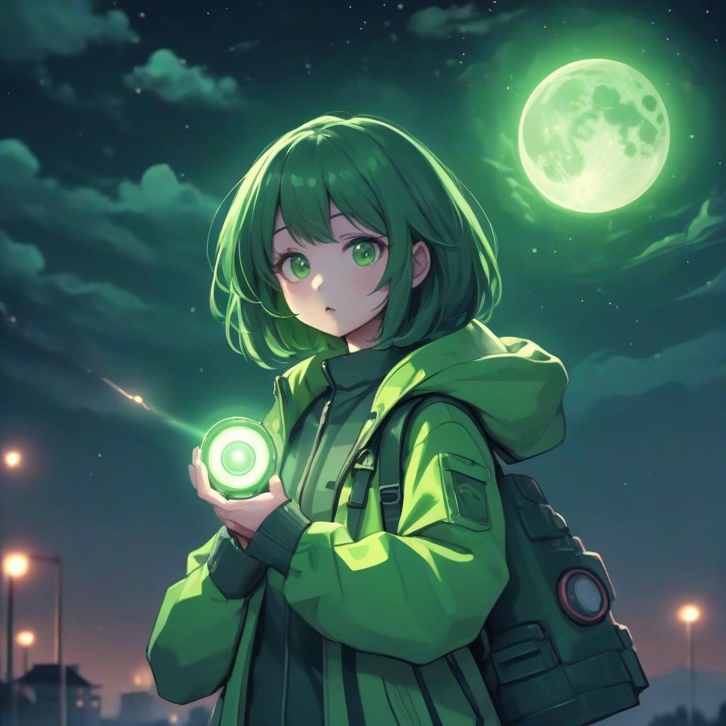  girl in anime style with a flashlight in her hands in a green jacket, green color, night, flying saucer in the sky, full moon