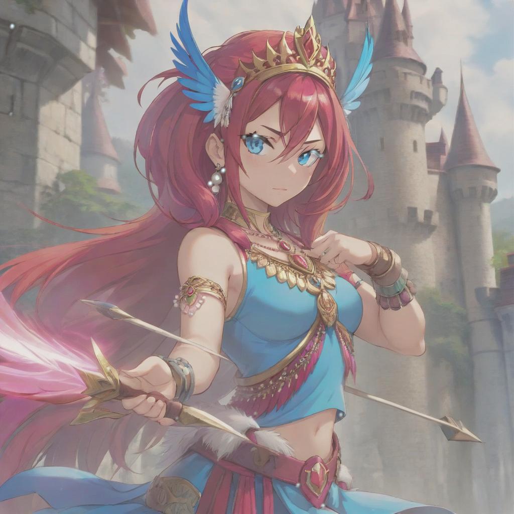  long exposure photo of portrait of strong rage amazonas queen archer. blue eye. long red hair. tilting head down, magenta mantle, shoulder pad feather, accessory necklace with pearls on the forehead, against the background of the castle siege . blurred motion, streaks of light, surreal, dreamy, ghosting effect, highly detailed, sticker, hkmagic