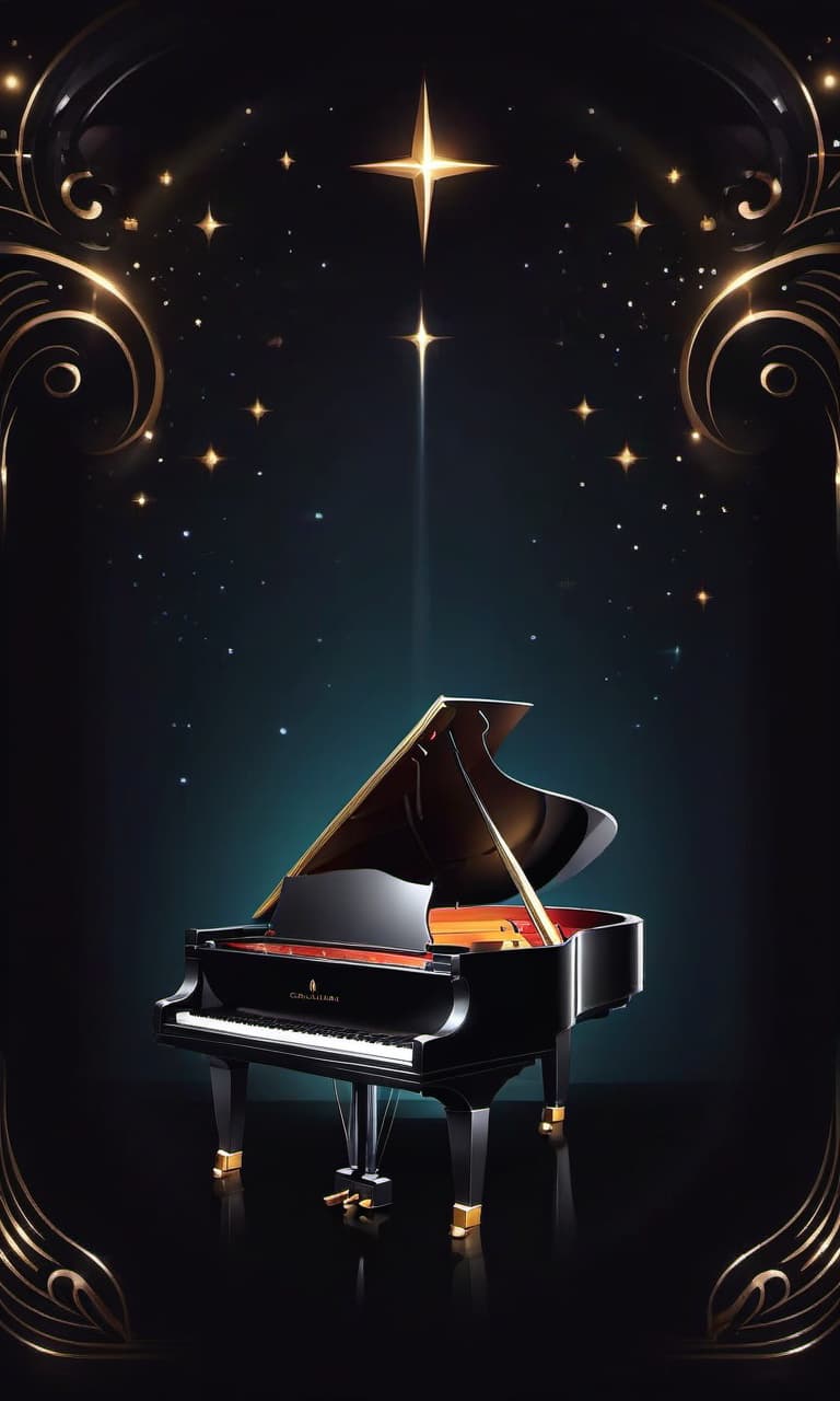  art deco style digital image. logo. image of a black grand piano. background: church organ, dark shiny surfaces. fine contour lines. good contrast. shining sparks all around, shimmering. classic. . geometric shapes, bold colors, luxurious, elegant, decorative, symmetrical, ornate, detailed, logo