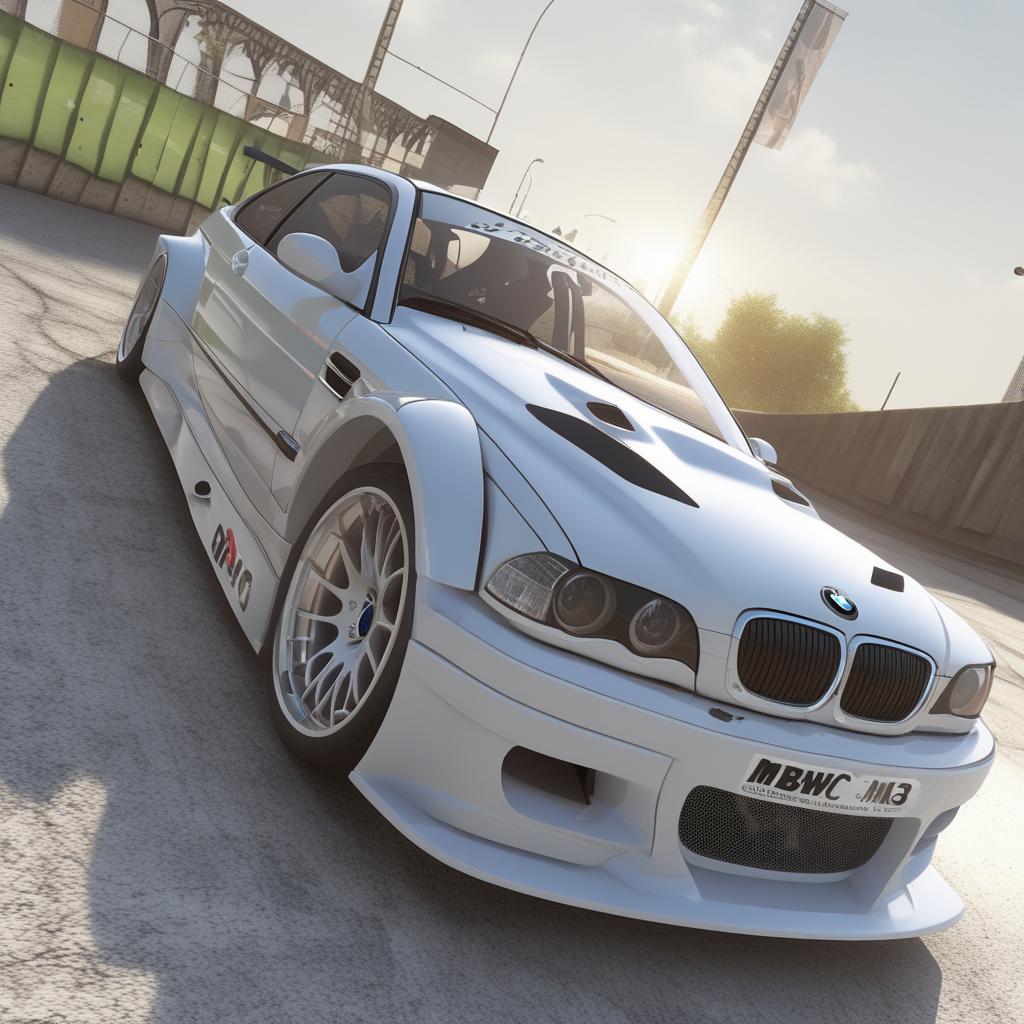  create image of bmw m3 e46 gtr, wide body kit, extended bumpers, studio background, unreal render, realistic