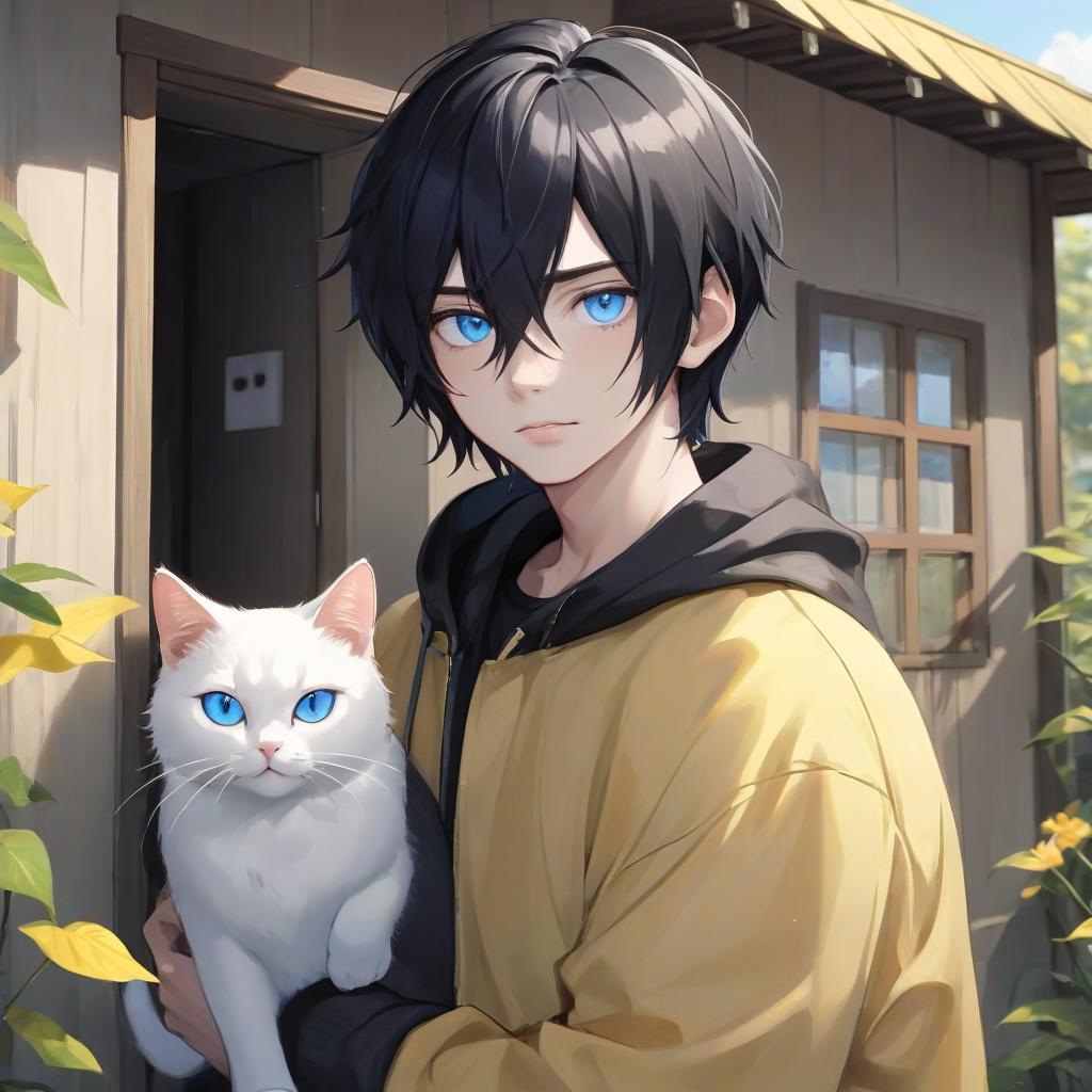  guy with black hair and blue eyes to go outside with yellow white cat from hut