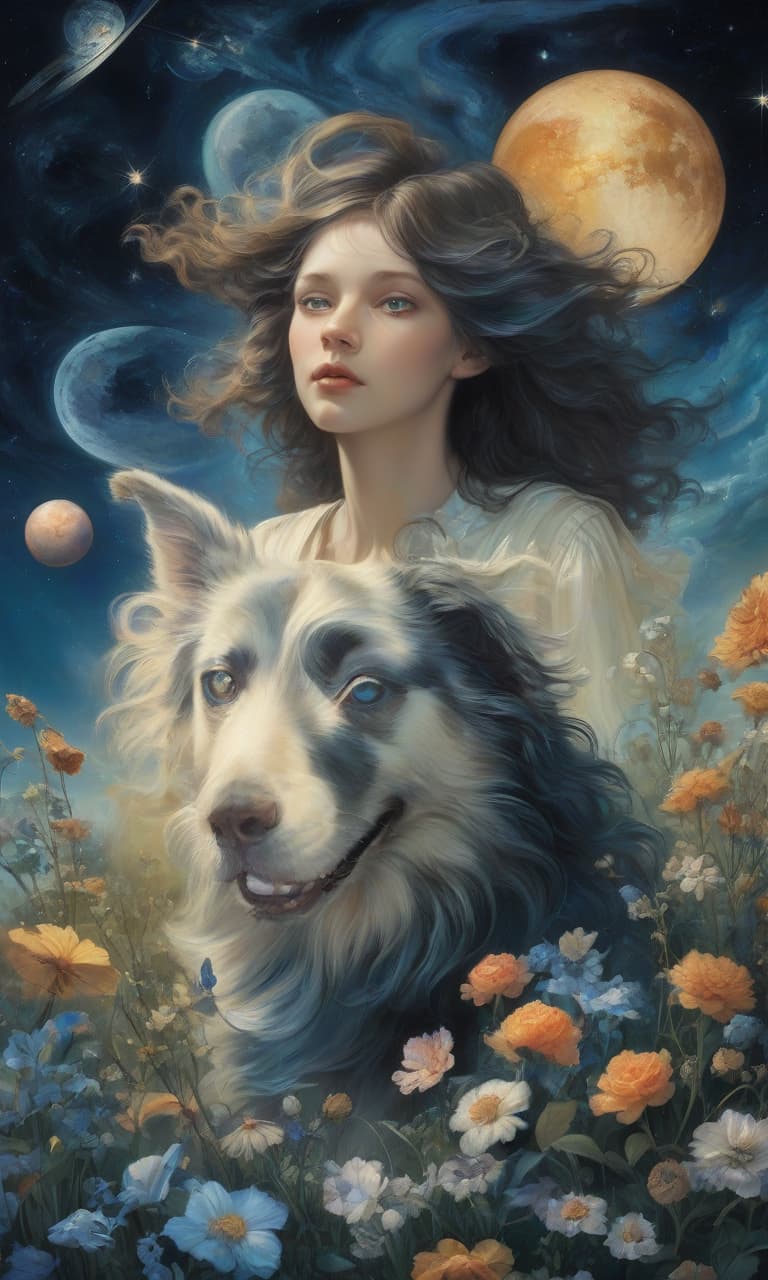  space themed digital art (double exposition: 1.3) girl with a dog border collie friends, around flowers, grass, blue sea. the girl looks directly at the camera. the effect of magic, mysticism, fairy tales, surrounded by fantasy art, arabesque, glitter, surge of fantasy, unearthly light effects, an exciting palette of colors, extremely detailed, in high resolution 10k. surrealism, realism, fantasy, baroque, renaissance. imagination and skill. in the manner of julia dillon, van gogh, salvador dali, mickey asai, alphonse mucha, robert bateman, thomas kincaid, fragonard. . cosmic, celestial, stars, galaxies, nebulas, planets, science fiction, highly detailed