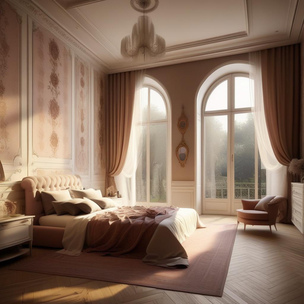  bedroom interior, provence interior styles, with a large window, parquet on the floor, walls three types of wallpaper in the avant garde style, modern luxury design,