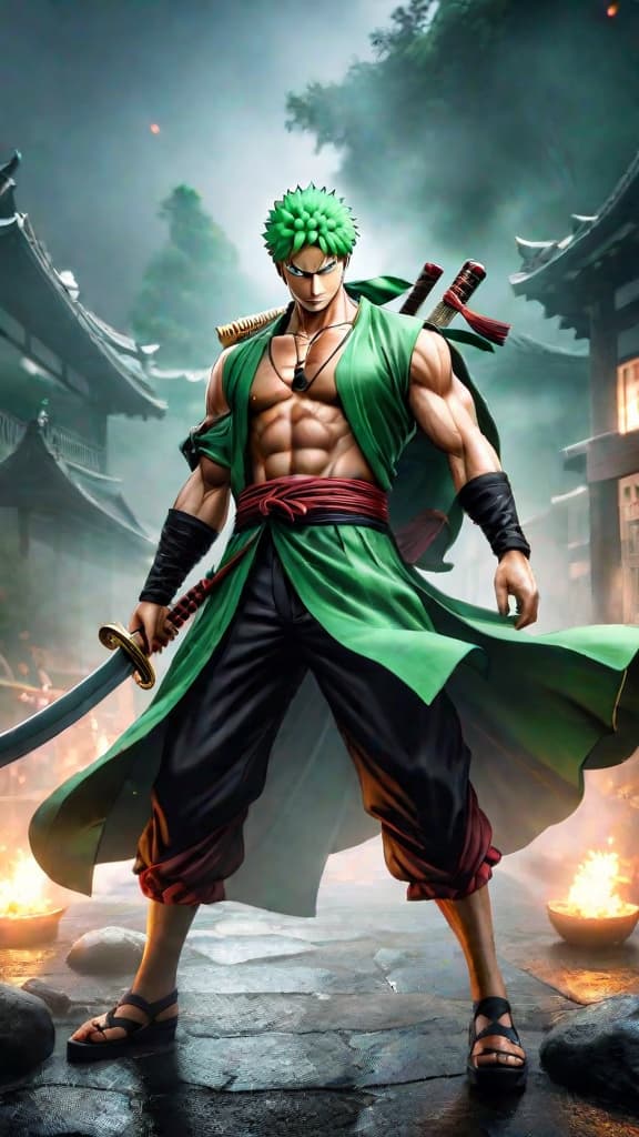  anime art: zoro summons 'asura' technique with three faces and six arms, radiating spectral power. hyperrealistic, full body, detailed clothing, highly detailed, cinematic lighting, stunningly beautiful, intricate, sharp focus, f/1. 8, 85mm, (centered image composition), (professionally color graded), ((bright soft diffused light)), volumetric fog, trending on instagram, trending on tumblr, HDR 4K, 8K