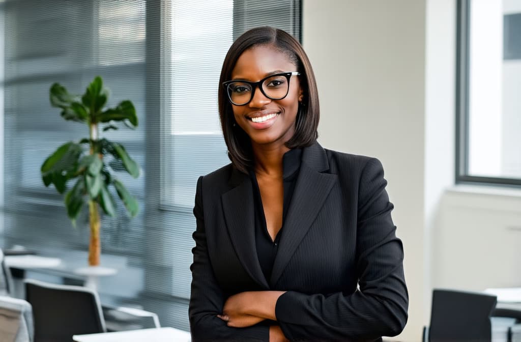  professional detailed photography, portrait of smiling businesswoman in black glasses standing in open plan office. happy female professional executive manager, financial banking or marketing data. ar 3:2, (muted colors, dim colors, soothing tones), (vsco:0.3)