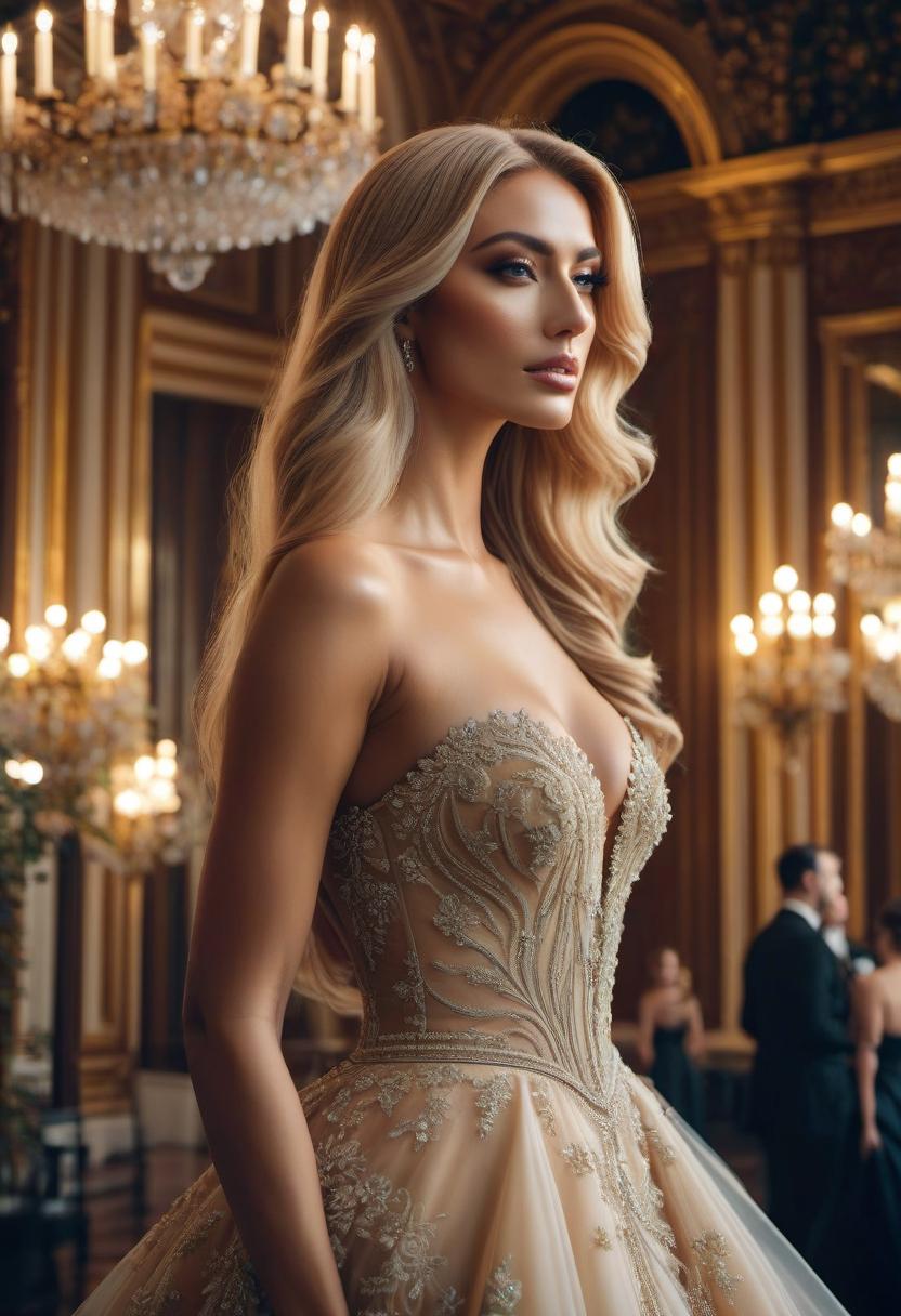  cinematic photo hyperrealistic, masterpiece, a highly detailed, sharp focus, a beautiful tan woman with beautiful very long blond hair in a ballroom at an opulent mansion. she is wearing an elegant gown, she looks beautiful like a photomodel, cinematic experience, looks like she is doing very well in life, high quality, awesome detail, 8k ultra hd, colourful double exposure, highly detailed, sharp focus, awesome full colour . 35mm photograph, film, bokeh, professional, 4k, highly detailed, film photography style hyperrealistic, full body, detailed clothing, highly detailed, cinematic lighting, stunningly beautiful, intricate, sharp focus, f/1. 8, 85mm, (centered image composition), (professionally color graded), ((bright soft diffused light)), volumetric fog, trending on instagram, trending on tumblr, HDR 4K, 8K