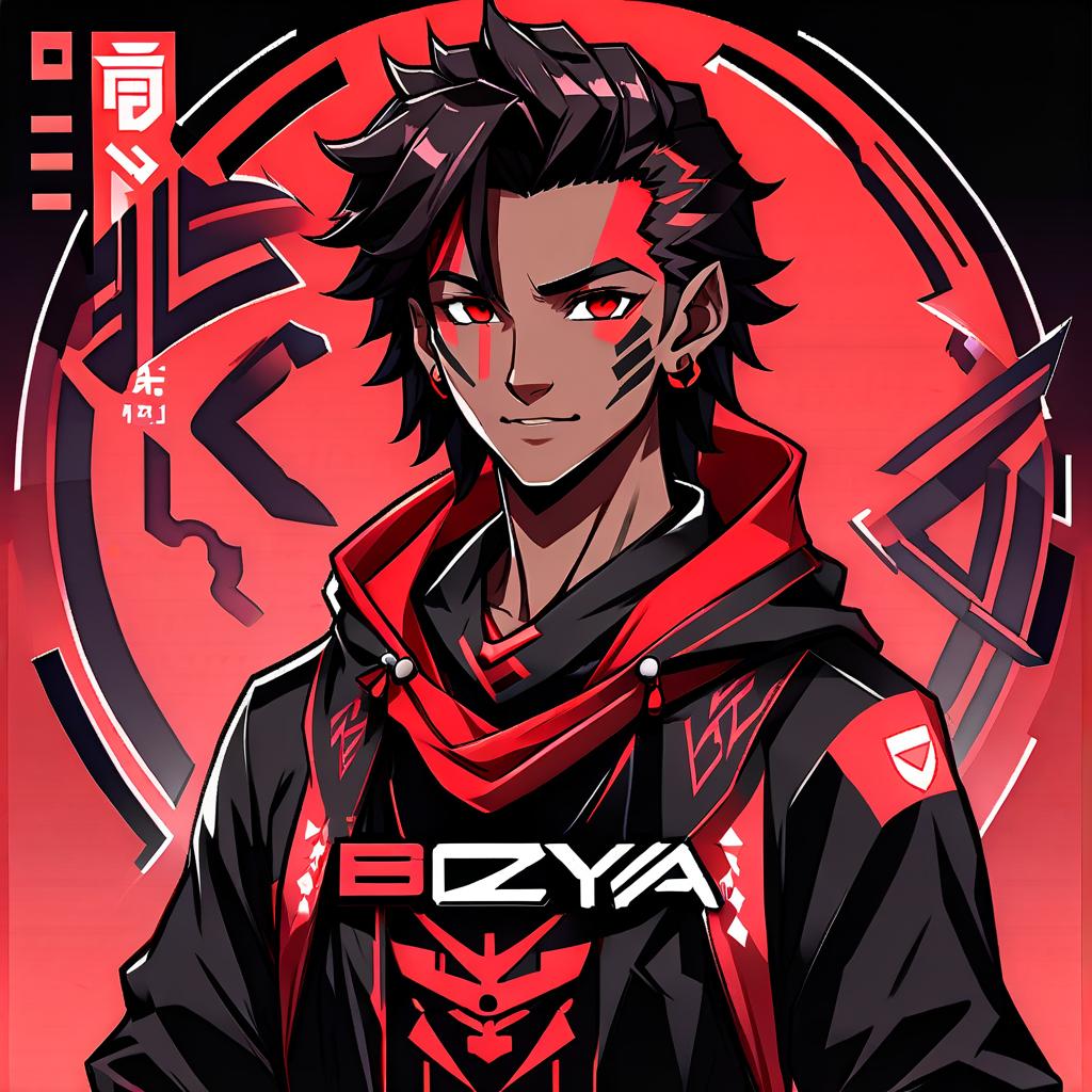  an avatar for a guy on a twitch in the style of anime wanderers, with the inscription: buzya, in red black style