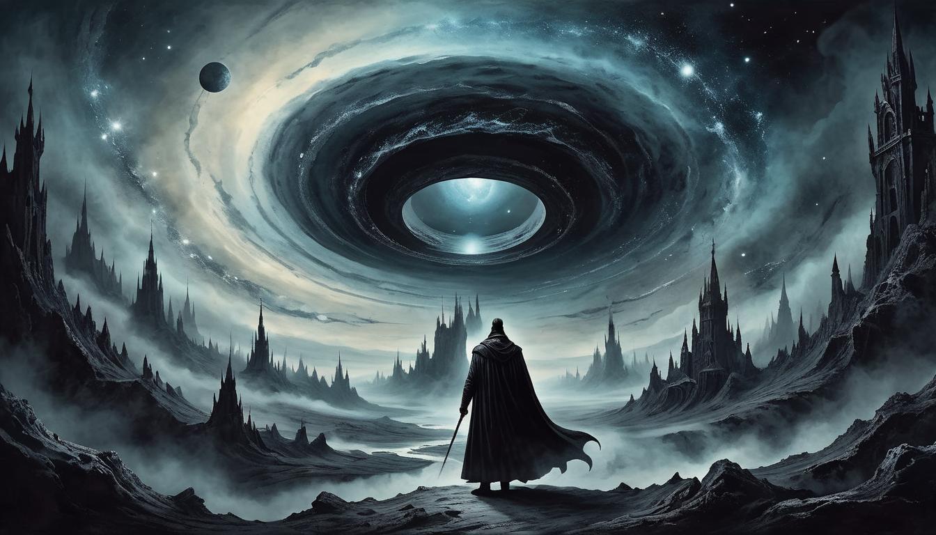  on parchment, surrealism+++, a vast, black void with ethereal energies swirling around, dark matter coalescing, haunting and empty, cold, cosmic despair(mysterious, provocative, symbolic,muted color)+++