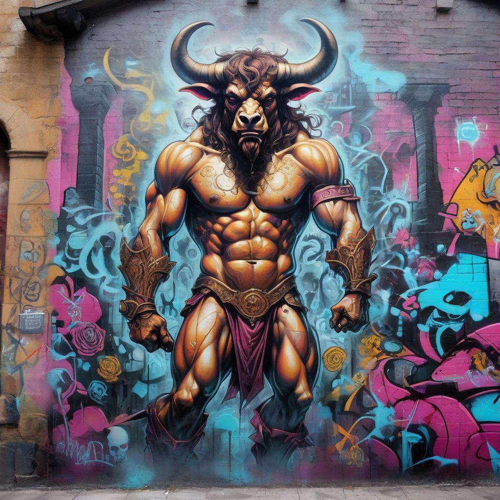  graffiti style renaissance, gothic, fantasy: minotaur. . street art, vibrant, urban, detailed, tag, mural