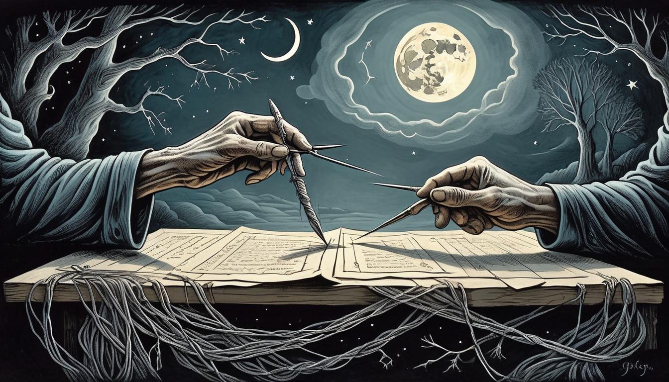  on parchment, surrealism+++, a pair of hands snipping the last thread connecting to a shadowy figure, moonlit night, silvery thread glimmering, control severed, liberation, final release(mysterious, provocative, symbolic,muted color)+++