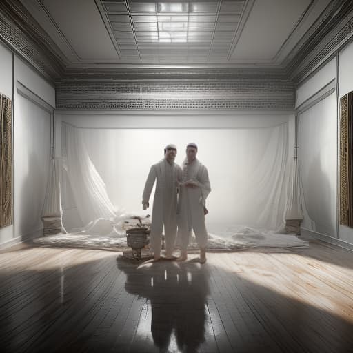  two guys in an empty white studio for a photo room, in opium clothes, shot 35 mm, realism, octane render, 8k, trending on artstation, 35 mm camera, unreal engine, hyper detailed, photo realistic maximum detail, volumetric light, realistic matte painting, hyper photorealistic, trending on artstation, ultra detailed, realistic