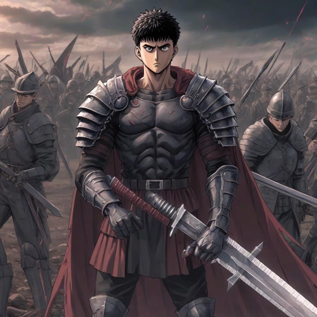  a character named guts from the anime berserk stands on the battlefield with soldiers. he has a metal prosthesis instead of his left hand, in his right hand he holds a large two meter sword placing it on his shoulder, his right eye is covered with a scar from a cut. anime realistic cyberpunk style with a detailed study of the face and body. resolution 1920 x 1080